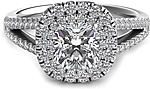 This image shows the setting with a 1.00ct cushion cut center diamond. The setting can be ordered to accommodate any shape/size diamond listed in the setting details section below.