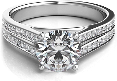 This image shows the setting with a 1.00ct round brilliant cut center diamond. The setting can be ordered to accommodate any shape/size diamond listed in the setting details section below.