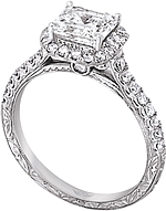 This image shows the setting with a 1.00ct princess cut center diamond. The setting can be ordered to accommodate any shape/size diamond listed in the setting details section below. The matching wedding band is sold separately.
