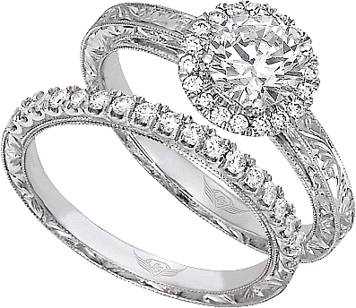 This image shows the setting with a 1.00ct round brilliant cut center diamond. The setting can be ordered to accommodate any shape/size diamond listed in the setting details section below. The matching wedding band is sold separately.