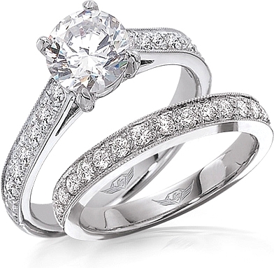 This image shows the setting with a 1.25ct round brilliant cut center diamond. The setting can be ordered to accommodate any shape/size diamond listed in the setting details section below. The matching wedding band is sold separately.