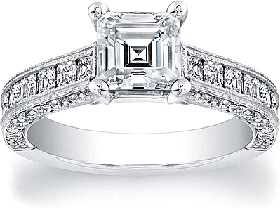 This image shows the setting with a 1.00ct asscher cut center diamond. The setting can be ordered to accommodate any shape/size diamond listed in the setting details section below.
