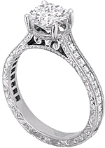 This image shows the setting with a 1.25ct round brilliant cut center diamond. The setting can be ordered to accommodate any shape/size diamond listed in the setting details section below. The matching wedding band is sold separately.