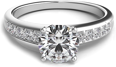 This image shows the setting with a 1.00ct round brilliant cut center diamond. The setting can be ordered to accommodate any shape/size diamond listed in the setting details section below.