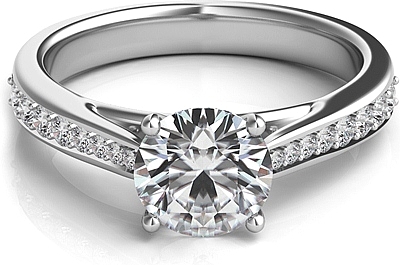 This image shows the setting with a 1.00ct round brilliant cut center diamond. The setting can be ordered to accommodate any shape/size diamond listed in the setting details section below.