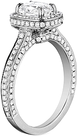 This image shows the setting with a 1.00ct cushion cut center diamond. The setting can be ordered to accommodate any shape/size diamond listed in the setting details section below.	