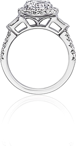 This image shows the setting with a 1.00ct round brilliant cut center diamond. The setting can be ordered to accommodate any shape/size diamond listed in the setting details section below.
