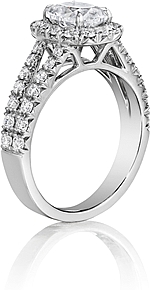 This image shows the setting with a 1.00ct cushion cut center diamond. The setting can be ordered to accommodate any shape/size diamond listed in the setting details section below.