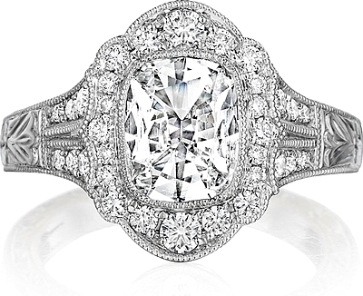 This image shows the setting with a 1.50ct cushion cut center diamond. The setting can be ordered to accommodate any shape/size diamond listed in the setting details section below.