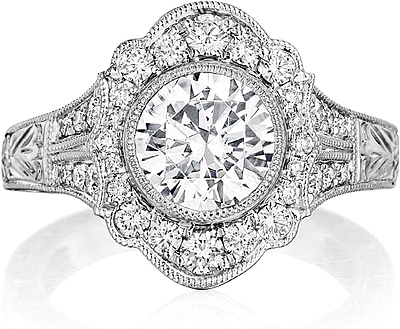 This image shows the setting with a 1.00ct round brilliant cut center diamond. The setting can be ordered to accommodate any shape/size diamond listed in the setting details section below.