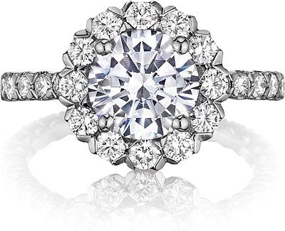 This image shows the setting with a 1.00ct round brilliant cut center diamond. The setting can be ordered to accommodate any shape/size diamond listed in the setting details section below.