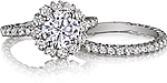 This image shows the setting with a 1.00ct round brilliant cut center diamond. The setting can be ordered to accommodate any shape/size diamond listed in the setting details section below.