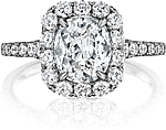 This image shows the setting with a .75ct cushion cut center diamond. The setting can be ordered to accommodate any shape/size diamond listed in the setting details section below.