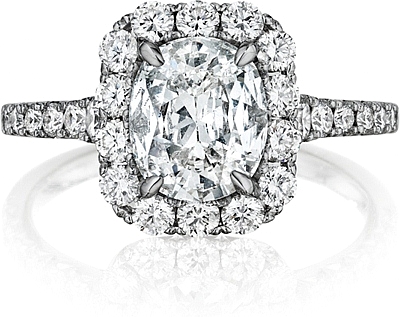 This image shows the setting with a .75ct cushion cut center diamond. The setting can be ordered to accommodate any shape/size diamond listed in the setting details section below.