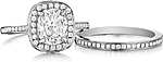 This image shows the setting with a 2.00ct cushion cut center diamond. The setting can be ordered to accommodate any shape/size diamond listed in the setting details section below. Shown with the matching wedding band; Sold separately.
