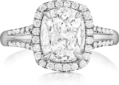 This image shows the setting with a 1.75ct cushion cut center diamond. The setting can be ordered to accommodate any shape/size diamond listed in the setting details section below.
