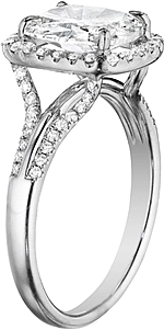 This image shows the setting with a 1.75ct cushion cut center diamond. The setting can be ordered to accommodate any shape/size diamond listed in the setting details section below.
