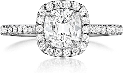 This image shows the setting with a 1.00ct cushion cut center diamond. The setting can be ordered to accommodate any shape/size diamond listed in the setting details section below.
