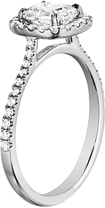 This image shows the setting with a 1.00ct cushion cut center diamond. The setting can be ordered to accommodate any shape/size diamond listed in the setting details section below.
