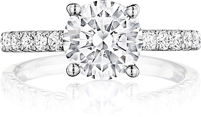 This image shows the setting with a 1.25ct round brilliant cut center diamond. The setting can be ordered to accommodate any shape/size diamond listed in the setting details section below.