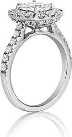 This image shows the setting with a .75ct cushion cut center diamond. The setting can be ordered to accommodate any shape/size diamond listed in the setting details section below.
