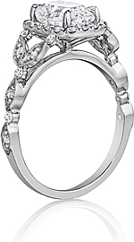 This image shows the setting with a 1.25ct cushion cut center diamond. The setting can be ordered to accommodate any shape/size diamond listed in the setting details section below.