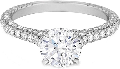 This image shows the setting with a 1.25ct round brilliant cut center diamond. The setting can be ordered to accommodate any shape/size diamond listed in the setting details section below. 