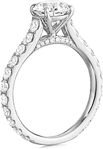 This image shows the setting with a 1.25ct round brilliant cut center diamond. The setting can be ordered to accommodate any shape/size diamond listed in the setting details section below.  