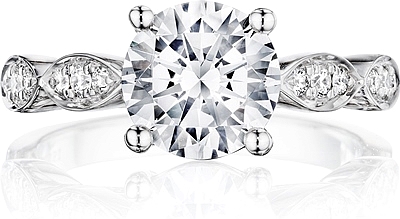 This image shows the setting with a 1.00ct round brilliant cut center diamond. The setting can be ordered to accommodate any shape/size diamond listed in the setting details section below.
