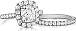 This image shows the setting with a 2.00ct cushion cut center diamond. The setting can be ordered to accommodate any shape/size diamond listed in the setting details section below. Shown with the matching wedding band; Sold separately.