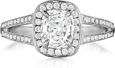 This image shows the setting with a 1.00ct cushion cut center diamond. The setting can be ordered to accommodate any shape/size diamond listed in the setting details section below.
