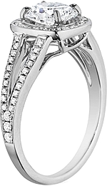 This image shows the setting with a 1.00ct cushion cut center diamond. The setting can be ordered to accommodate any shape/size diamond listed in the setting details section below.
