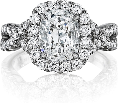 This image shows the setting with a 1.50ct cushion cut center diamond. The setting can be ordered to accommodate any shape/size diamond listed in the setting details section below.