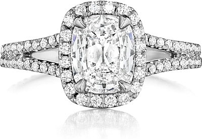 This image shows the setting with a 1.25ct cushion cut center diamond. The setting can be ordered to accommodate any shape/size diamond listed in the setting details section below.