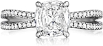 This image shows the setting with a 1.25ct cushion cut center diamond. The setting can be ordered to accommodate any shape/size diamond listed in the setting details section below.
