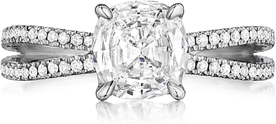 This image shows the setting with a 1.25ct cushion cut center diamond. The setting can be ordered to accommodate any shape/size diamond listed in the setting details section below.