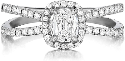 This image shows the setting with a 1.25ct cushion cut center diamond. The setting can be ordered to accommodate any shape/size diamond listed in the setting details section below.
