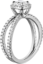 This image shows the setting with a 1.25ct cushion cut center diamond. The setting can be ordered to accommodate any shape/size diamond listed in the setting details section below.