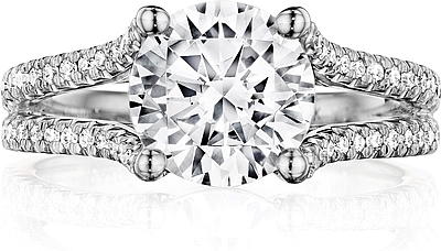 This image shows the setting with a 1.50ct round brilliant cut center diamond. The setting can be ordered to accommodate any shape/size diamond listed in the setting details section below.
