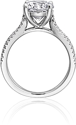 This image shows the setting with a 1.50ct round brilliant cut center diamond. The setting can be ordered to accommodate any shape/size diamond listed in the setting details section below.
