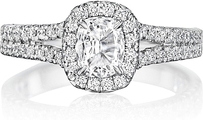 This image shows the setting with a 1.50ct cushion cut center diamond. The setting can be ordered to accommodate any shape/size diamond listed in the setting details section below.