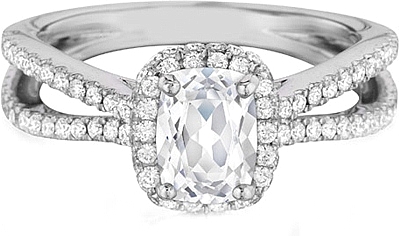 This image shows the setting with a 1ct cushion cut center diamond. The setting can be ordered to accommodate any shape/size diamond listed in the setting details section below.