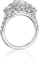 This image shows the setting with a .75ct cushion cut center diamond. The setting can be ordered to accommodate any shape/size diamond listed in the setting details section below.