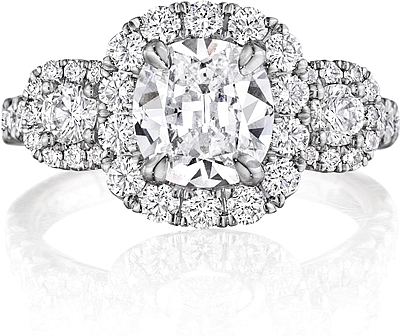 This image shows the setting with a 1.00ct cushion cut center diamond. The setting can be ordered to accommodate any shape/size diamond listed in the setting details section below.
