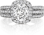 This image shows the setting with a 1.00ct cushion cut center diamond. The setting can be ordered to accommodate any shape/size diamond listed in the setting details section below.
