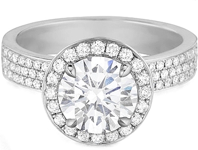 This image shows the setting with a 1.5ct round brilliant cut center diamond. The setting can be ordered to accommodate any shape/size diamond listed in the setting details section below