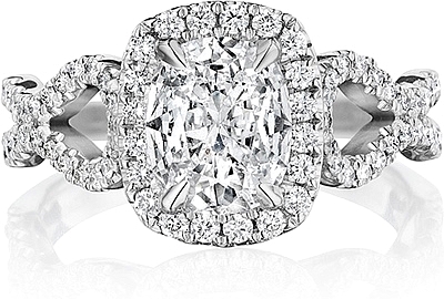 This image shows the setting with a 1.50ct cushion cut center diamond. The setting can be ordered to accommodate any shape/size diamond listed in the setting details section below.