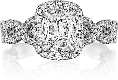 This image shows the setting with a 2.00ct cushion cut center diamond. The setting can be ordered to accommodate any shape/size diamond listed in the setting details section below.