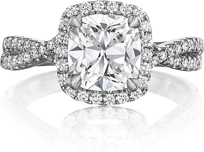 This image shows the setting with a 1.50ct cushion cut center diamond. The setting can be ordered to accommodate any shape/size diamond listed in the setting details section below.