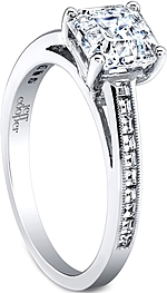This image shows the setting with a 1.00ct asscher cut center diamond. The setting can be ordered to accommodate any shape/size diamond listed in the setting details section below.
